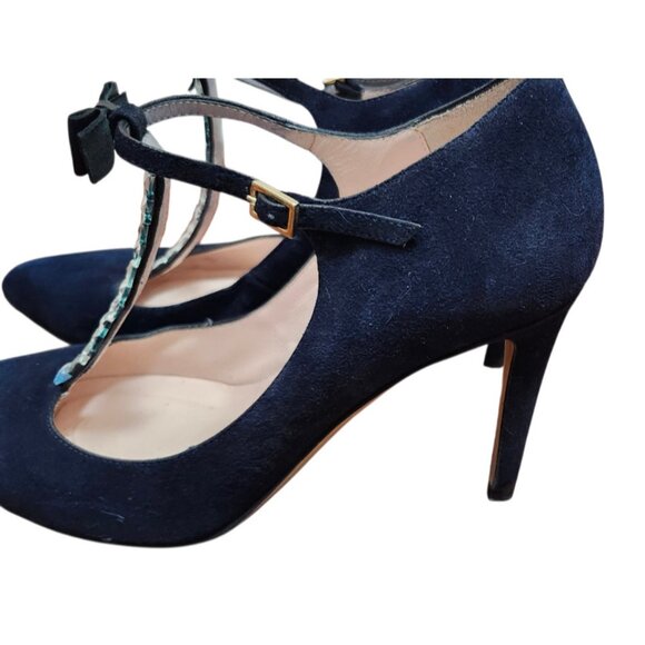 Kate Spade Navy Suede T-Strap Pumps Bow Crystal Accent Pointed Toe Heels 7BItaly - Picture 8 of 15